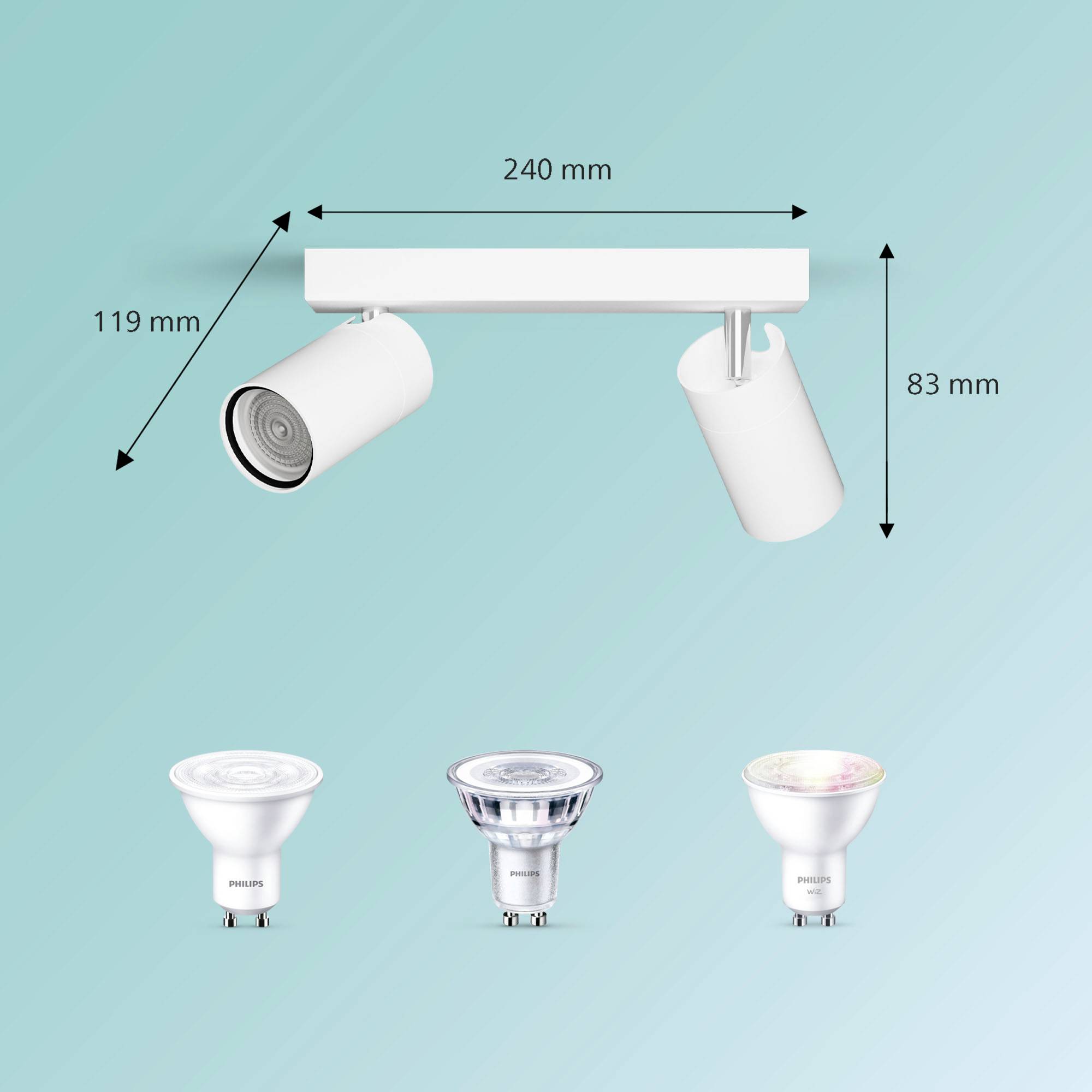 Double ceiling spotlight with dimensions 240 mm x 119 mm x 83 mm. Below, various white LED light sources. Subtle blue background.