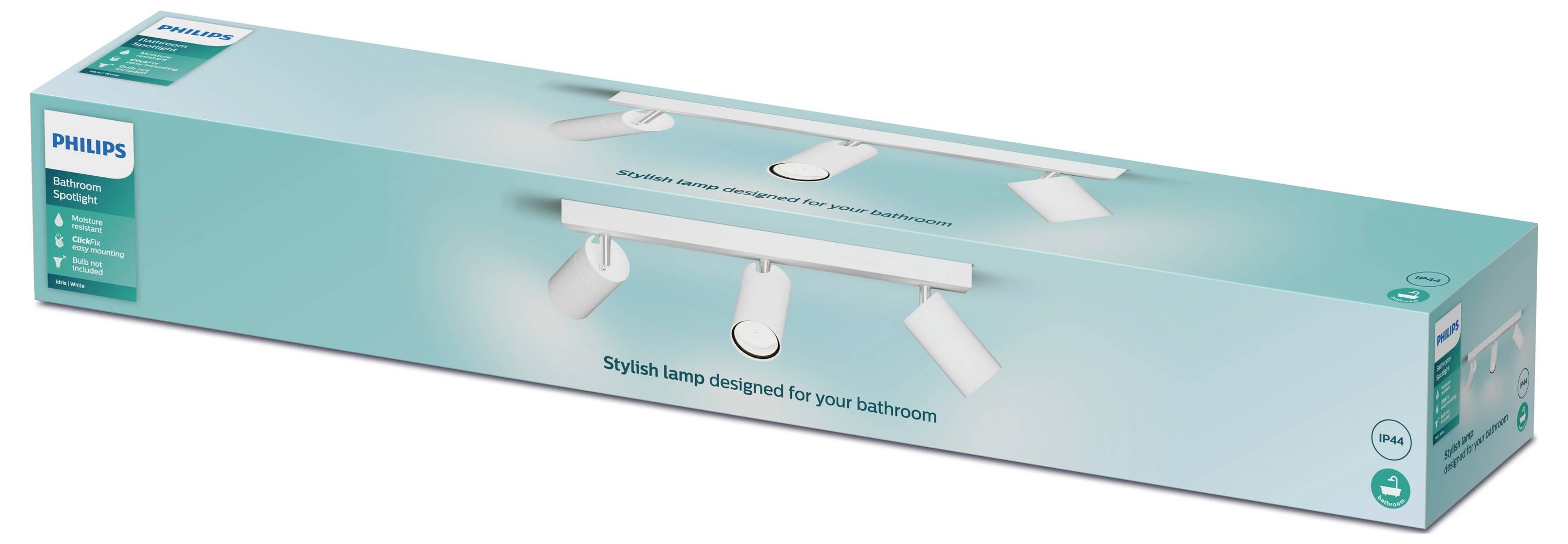 Packaging of a Philips bathroom light with four adjustable spotlights, depicted on a blue background.