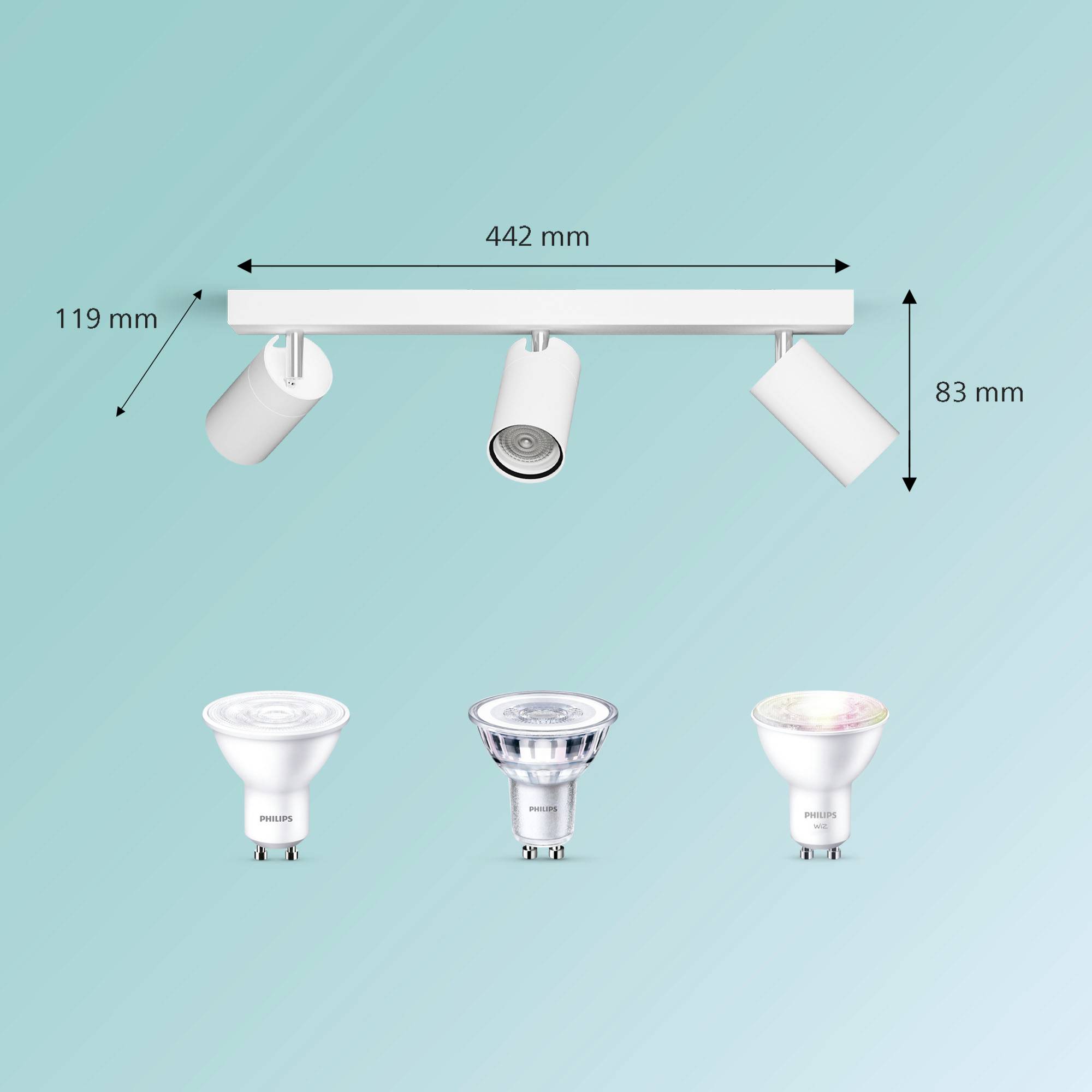 'Triple LED ceiling light with adjustable spotlights.'