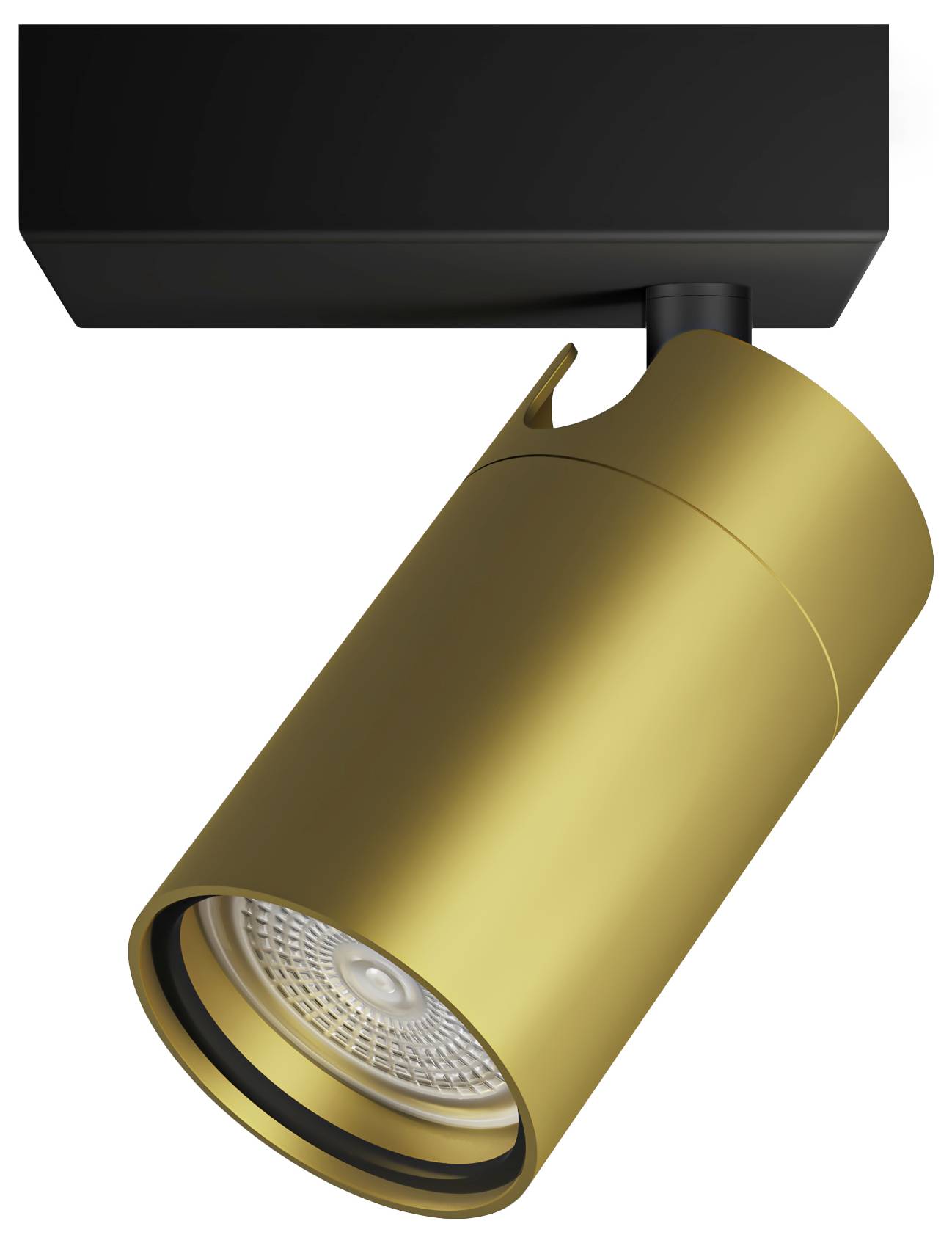 Golden ceiling spotlight with black mounting, pointing downwards. Modern design for targeted light accents in living spaces.