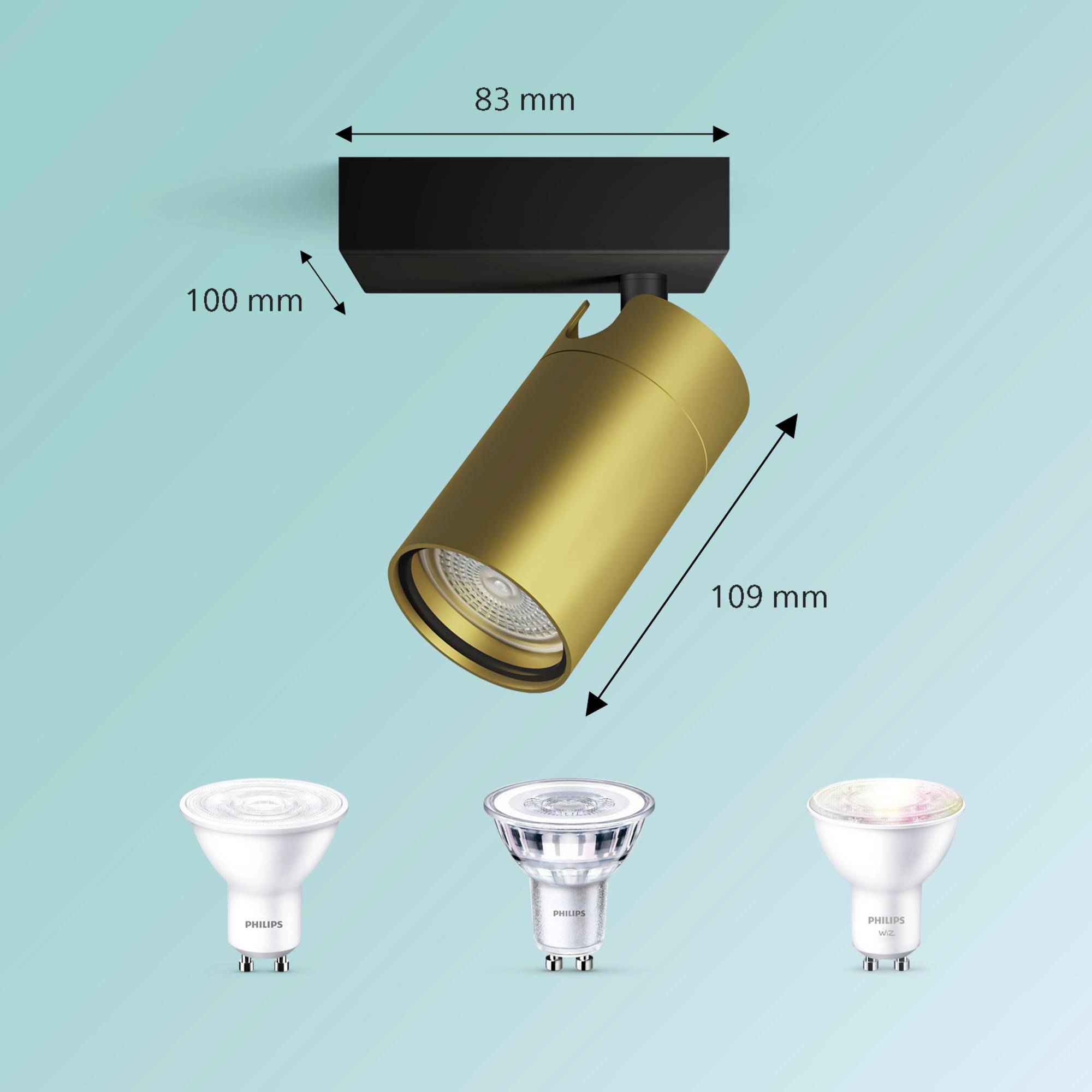 'Ceiling spotlight in gold, dimensions: 83 mm x 109 mm, base part: 100 mm. Three different LED lights are shown below.'