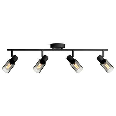 Black ceiling light with four adjustable, cylindrical lamps, each with glowing light bulbs.