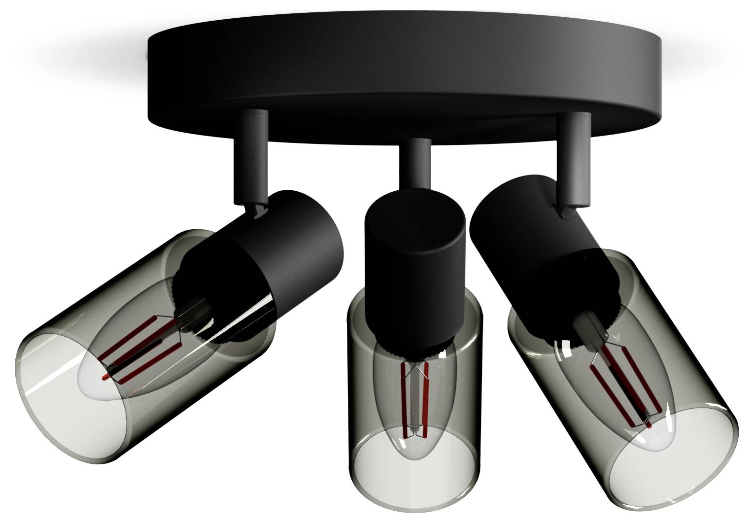 Triple black ceiling light with adjustable cylindrical lamps. Modern design, suitable for uniform room illumination.
