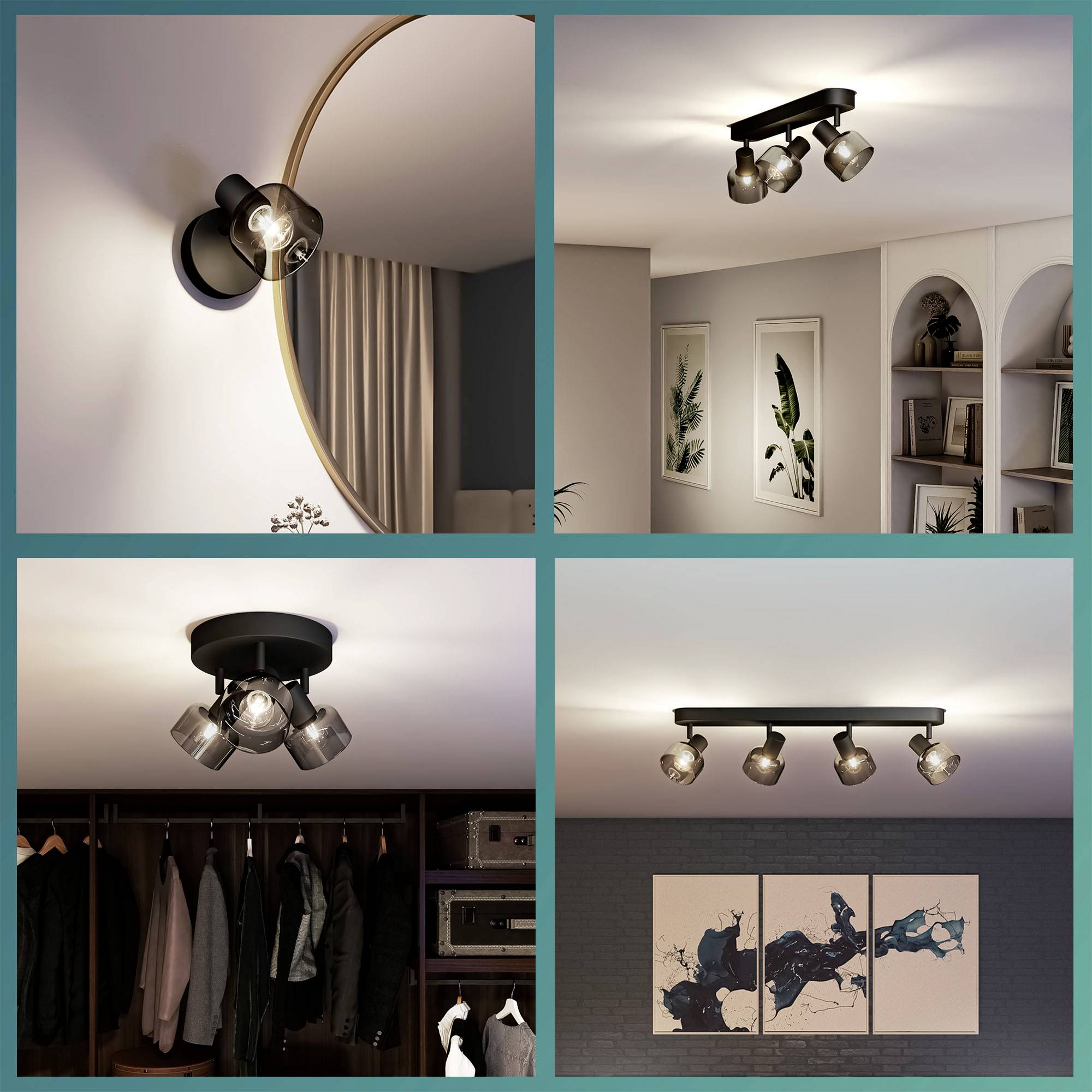 Four lamp arrangements in living spaces: a round light with two spotlights, a round light with three spotlights in the hallway, a bar light in the living room, and a track light above artworks.