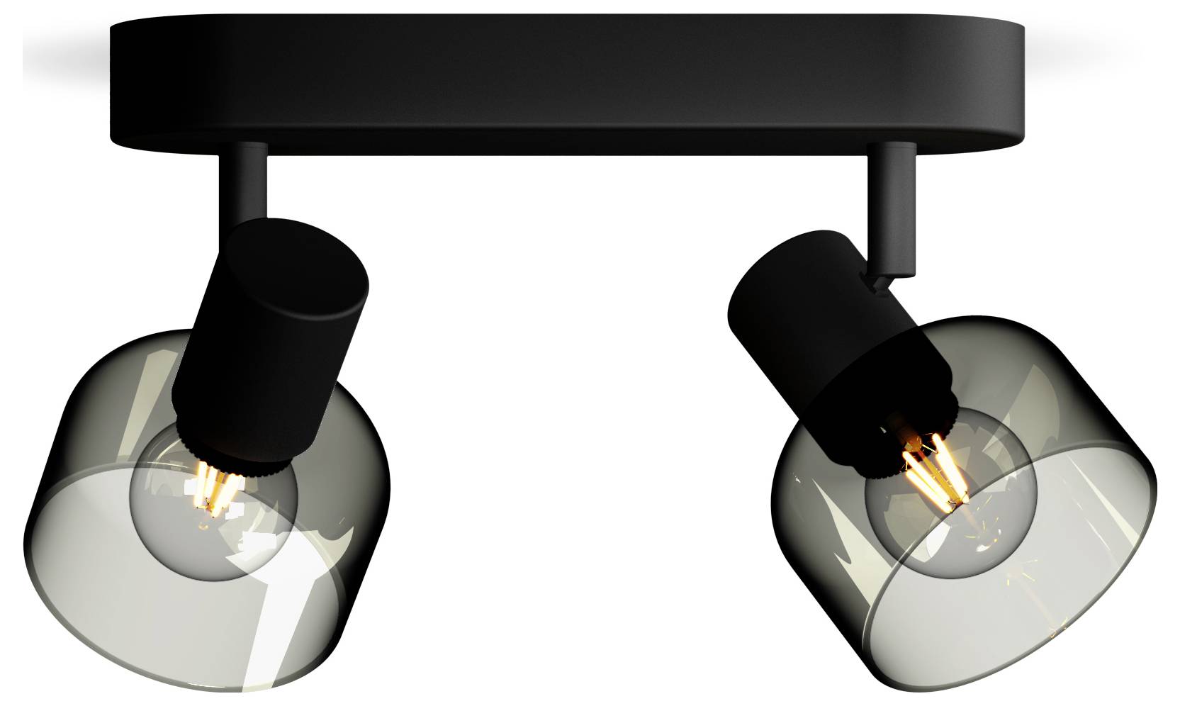 A black ceiling spotlight with two adjustable lamps built into transparent, smoke-grey glass domes.