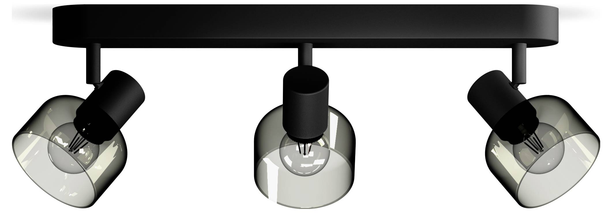 'Three-lamp black ceiling light with adjustable, dark glass shades, perfectly suited for directional lighting.'