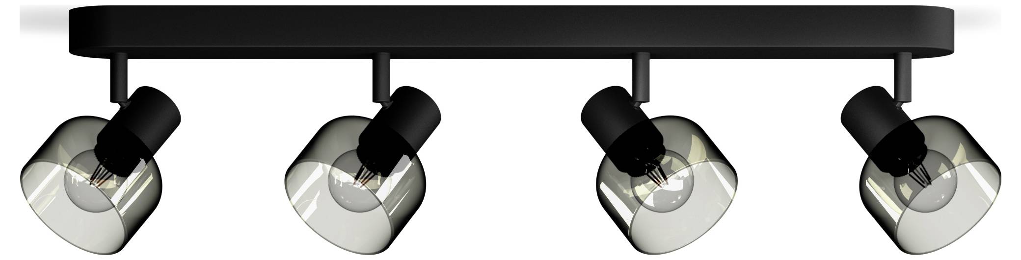 Black ceiling light with four adjustable spotlights, evenly distributed. Ideal for accent lighting in modern spaces.