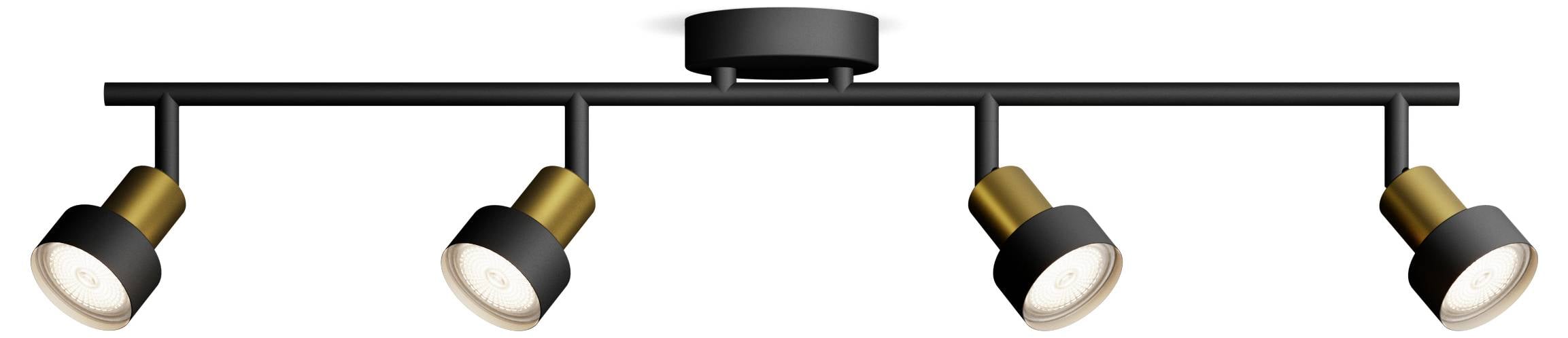 Four-bar ceiling light in black and gold with adjustable spotlights for illuminating a room.