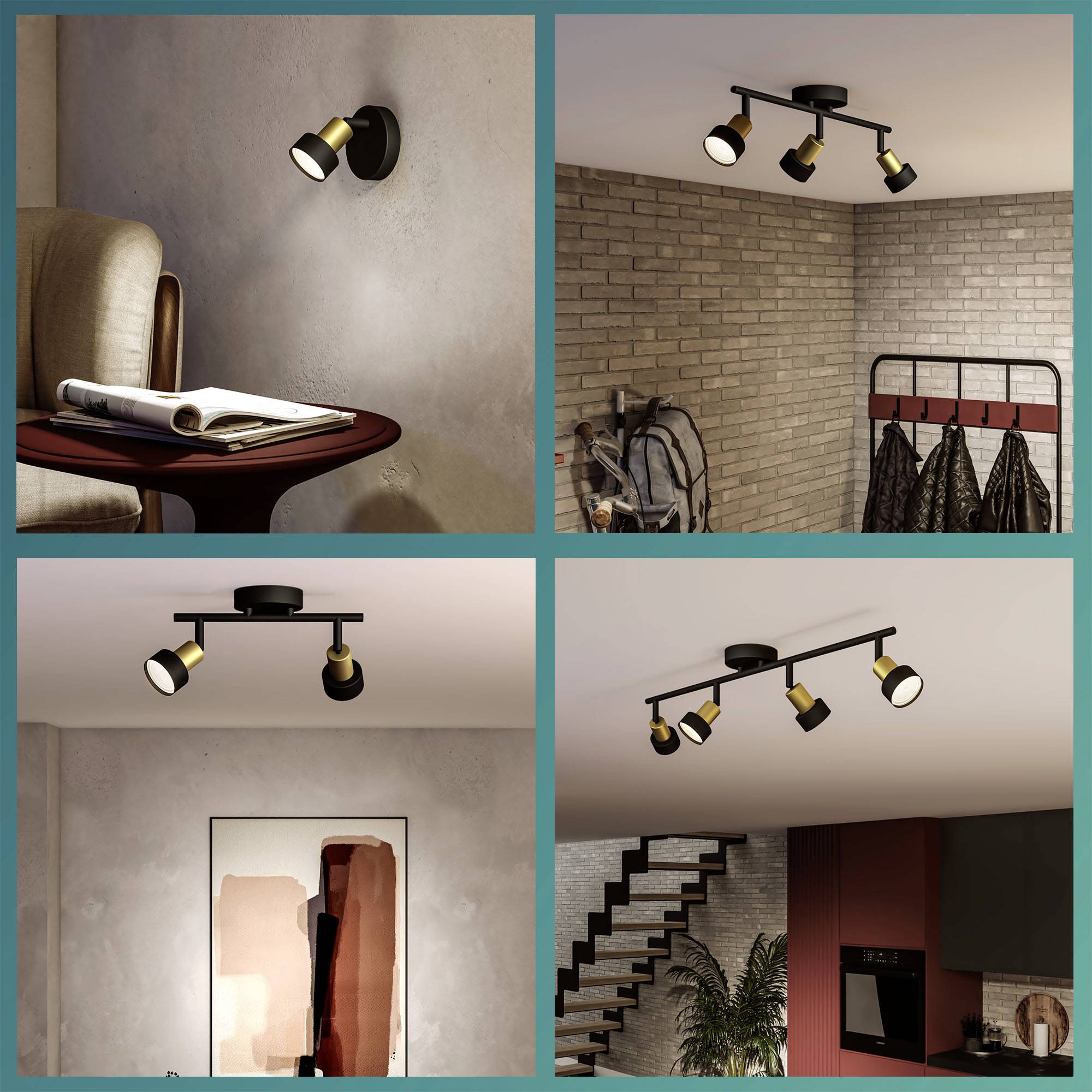 Four images show modern ceiling lights in different rooms with minimalist furnishings and subtle lighting.