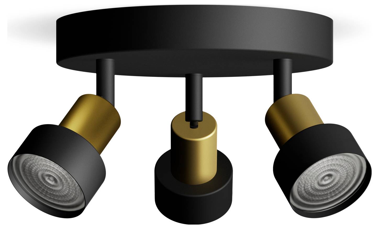 Black ceiling light with three adjustable, gold-black spotlights. Illuminates specific areas with focused precision.
