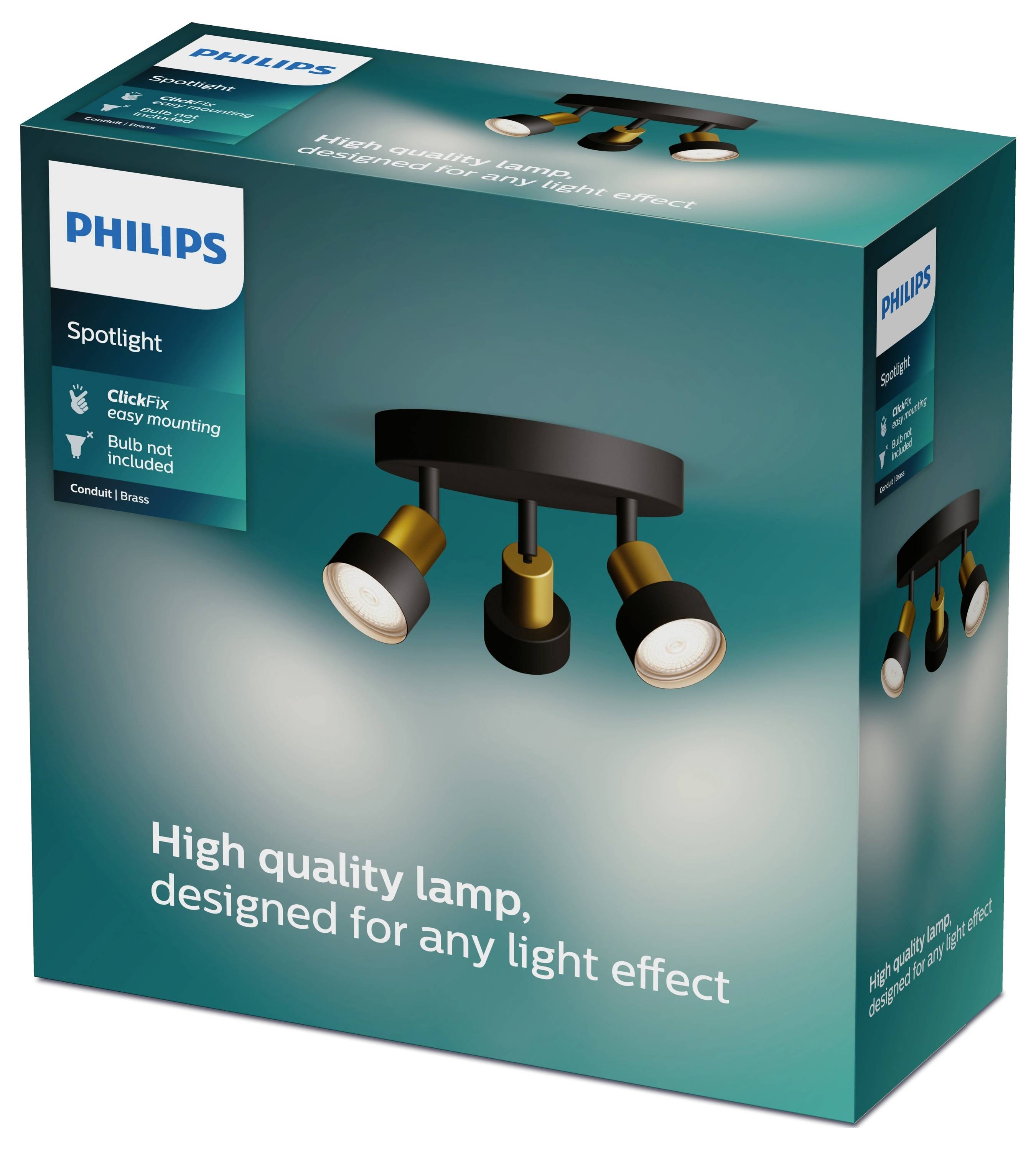 Packaging of a Philips ceiling light with three adjustable spots. Text: 'High-quality lamp, designed for any lighting effect'