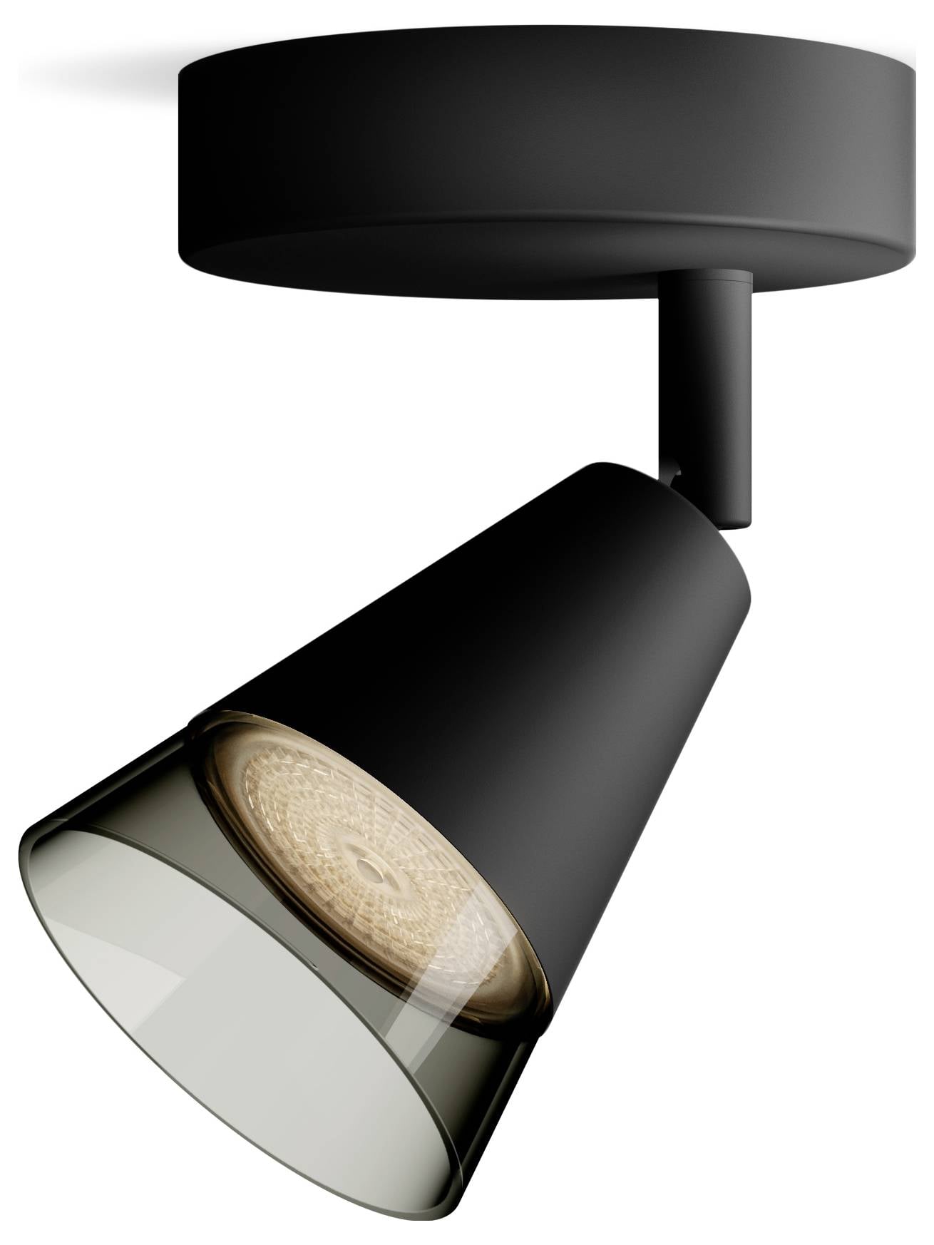 Black ceiling light with a conically shaped lampshade that is angled downwards; modern and minimalist design.