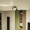 Ceiling light in a modern room furnished with a shelving unit and green cabinets. A window allows natural light to stream in.
