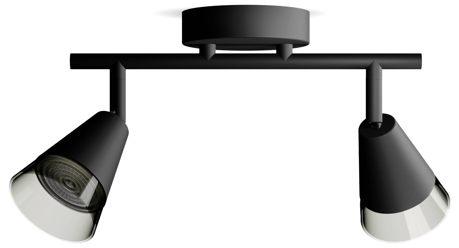 A black, two-armed ceiling light with two adjustable conical lampshades. Ideal for directional lighting.