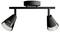 A black, two-armed ceiling light with two adjustable conical lampshades. Ideal for directional lighting.