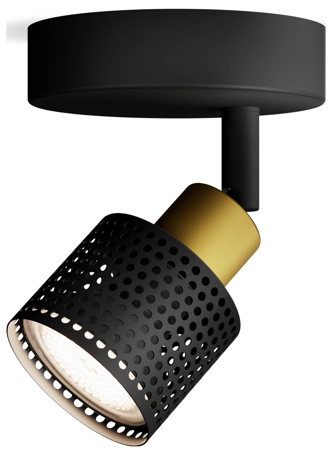 Black, contemporary ceiling spotlight with perforated design and golden accents, directing light purposefully in a space.