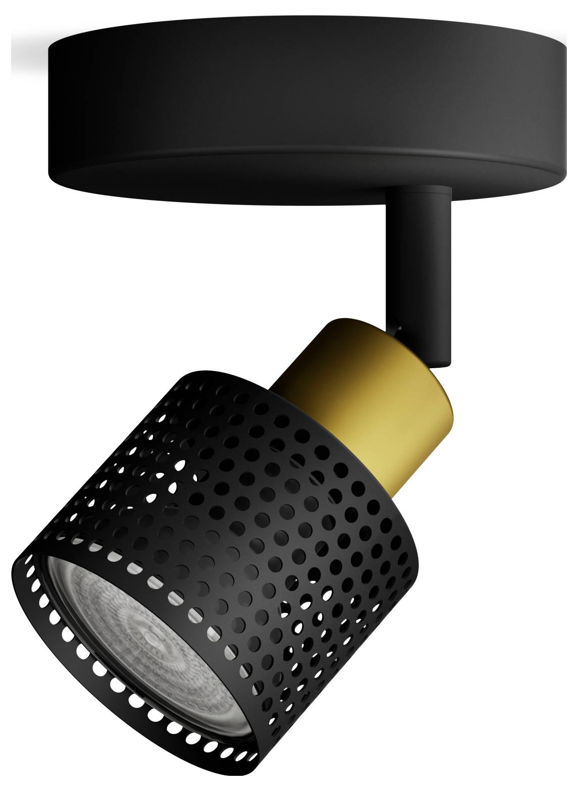 A contemporary black ceiling light with a perforated lampshade and golden accents. Perfect for accent lighting.