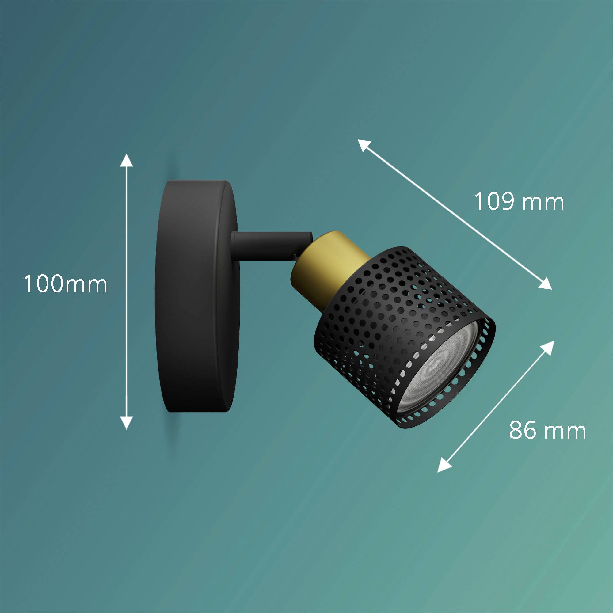Black wall light with perforated shade, projecting 86 mm from the wall. Height 109 mm, base height 100 mm. Green background surface.