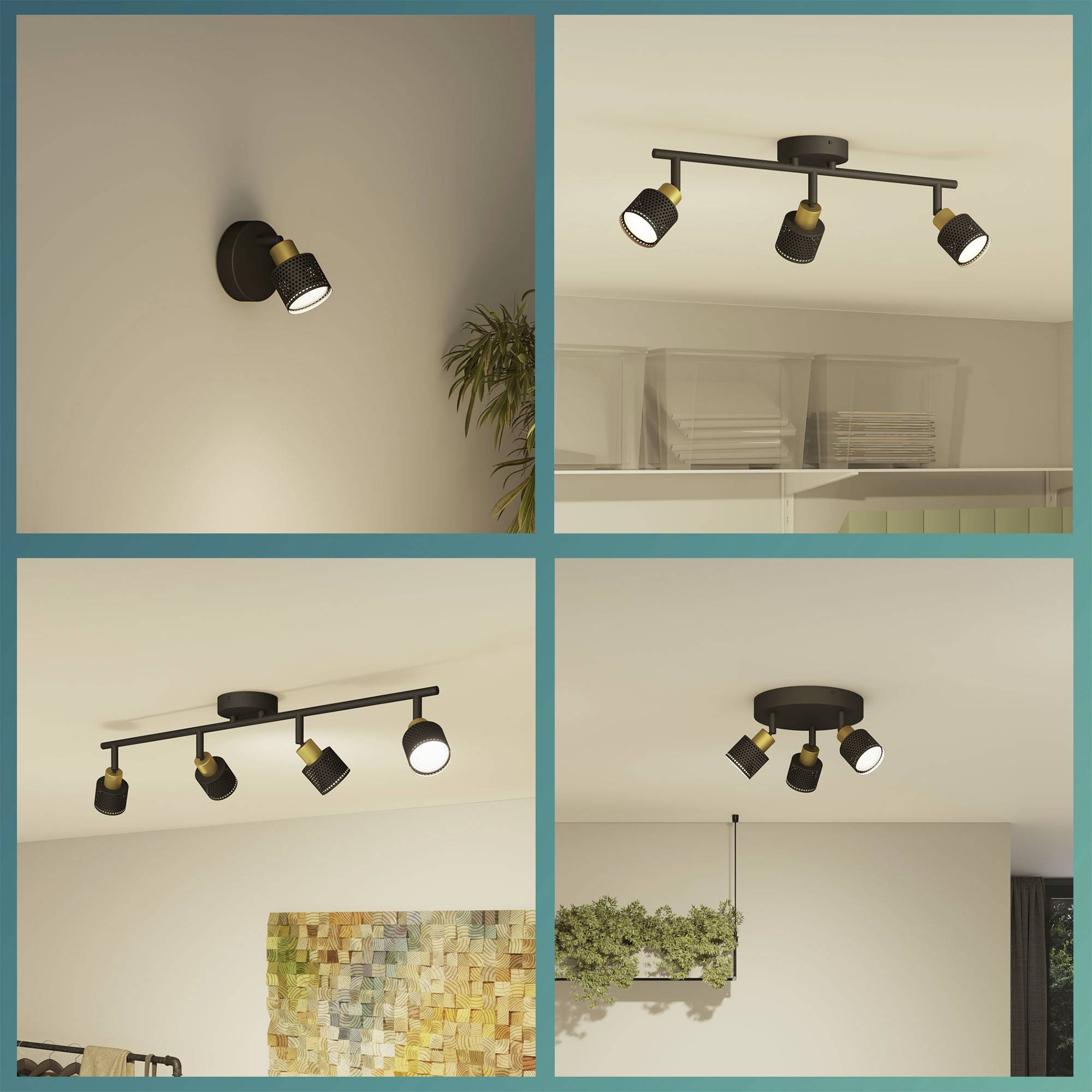 Four ceiling lights: a single black lamp, a black bar with two, three and four lamps in modernly furnished rooms.