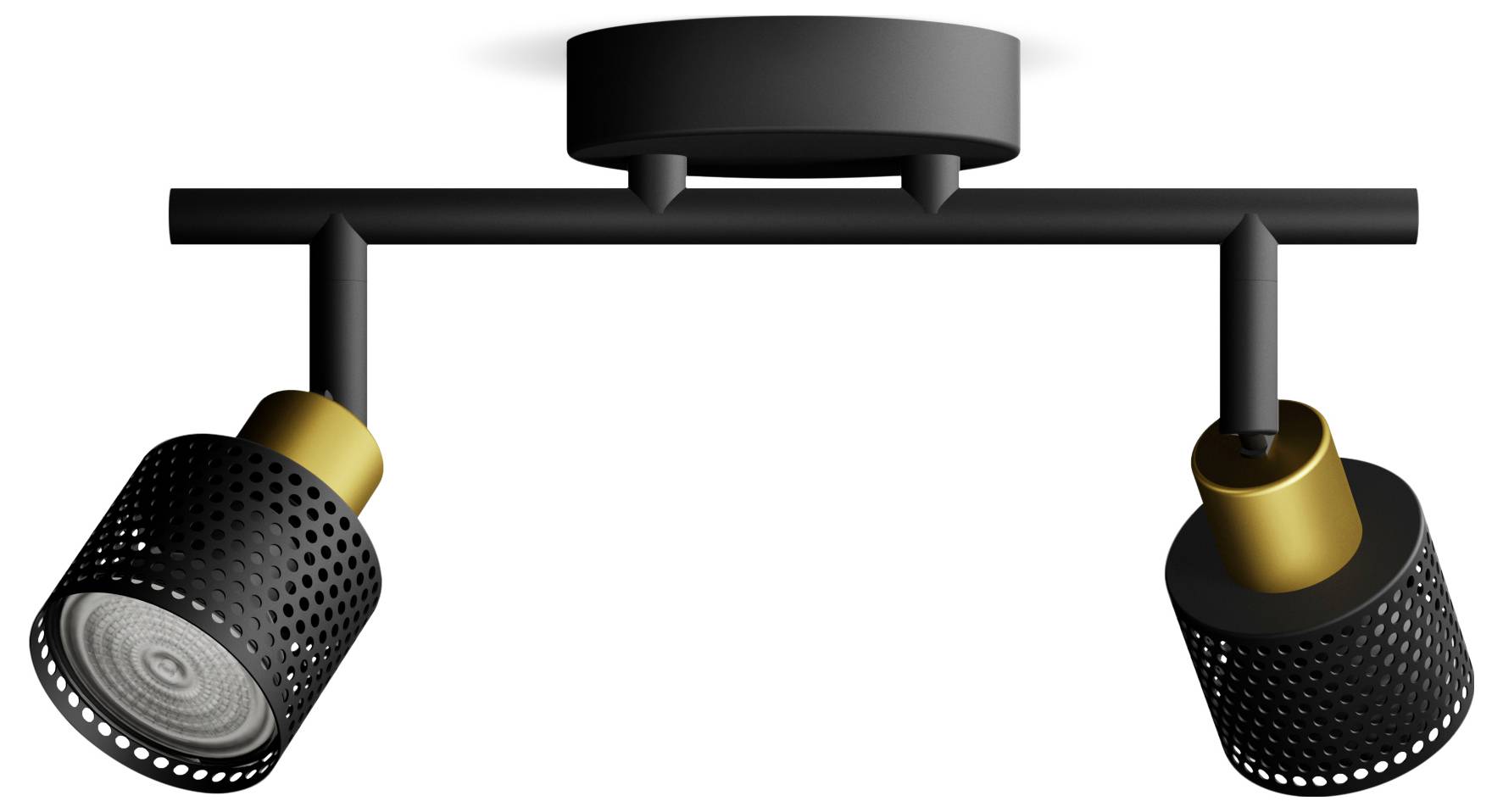 Black, modern ceiling light with two adjustable spots in cylindrical form, partially gold-coloured, on a black mounting.