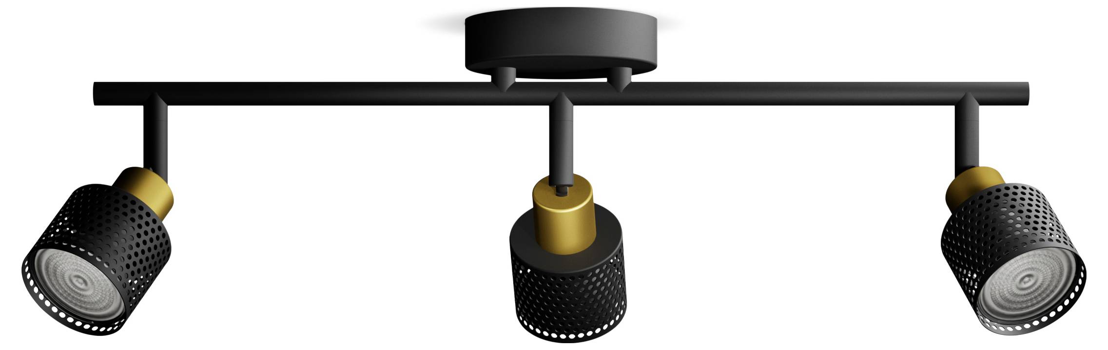 A three-headed ceiling spotlight with black and gold elements; the lamps are mounted on a straight track.