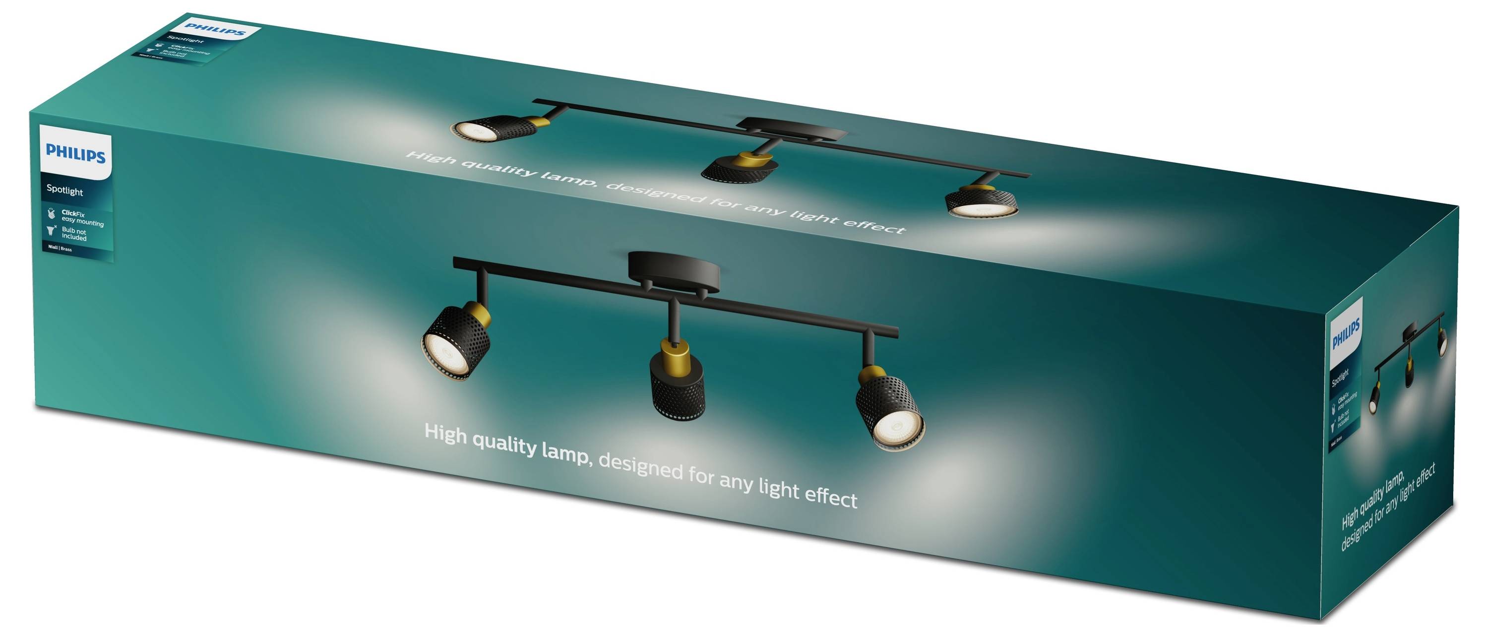 Packaging for a Philips light fitting with three adjustable spotlights, suitable for versatile lighting effects, with a green-blue background.