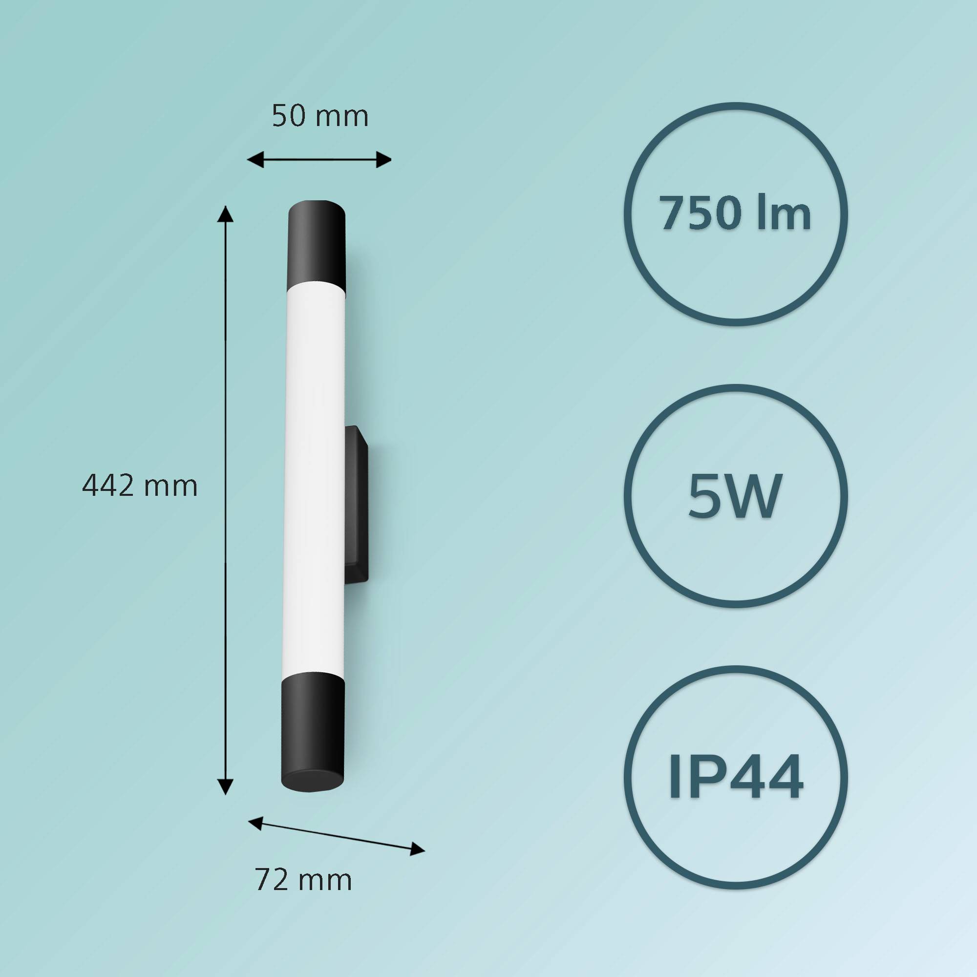 Wall light with dimensions 442 x 50 x 72 mm, light output 750 lumens, power 5 watts, protection rating IP44, against a blue background.