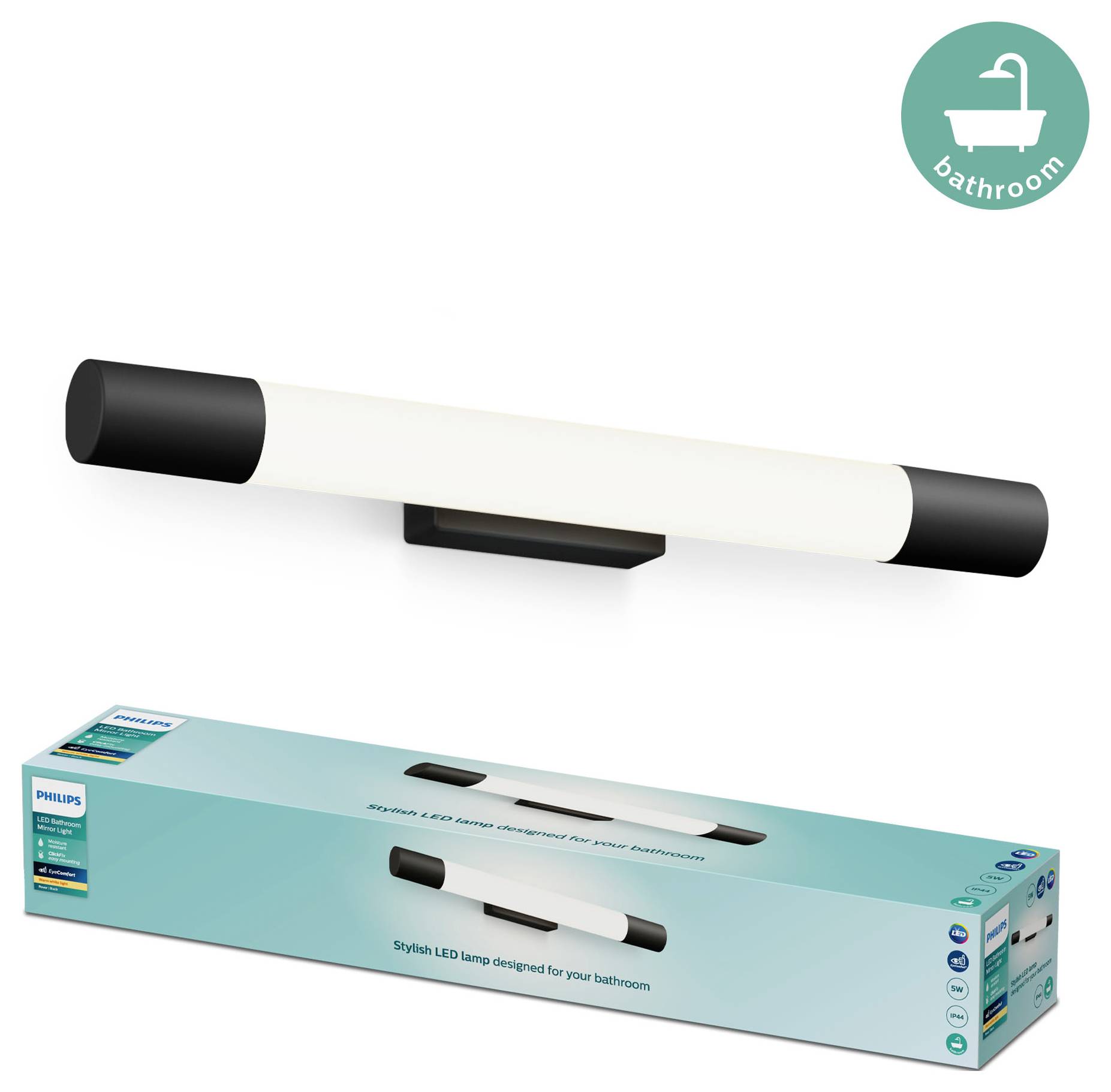 Sleek LED lamp by Philips, suitable for bathrooms; pictured above the packaging with a similar design.