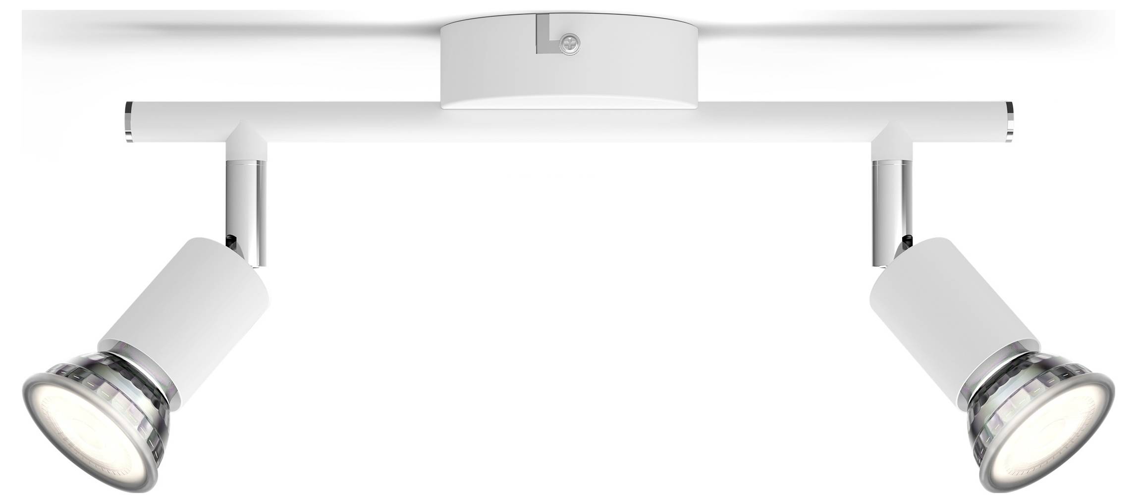 White ceiling light with two adjustable metal spotlights, mounted on a simple, round base.