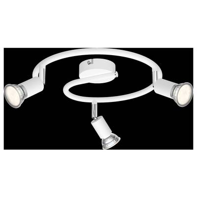 White ceiling light with three adjustable spotlights in a spiral arrangement. Suitable for accent lighting in modern interiors.