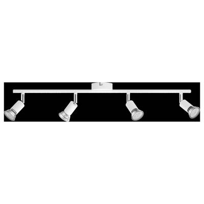 Four-beam, white ceiling spotlight set with adjustable spots for targeted lighting.