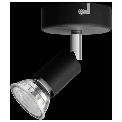Black ceiling spotlight with adjustable bracket and silver lamp head, suitable for targeted lighting in interior spaces.