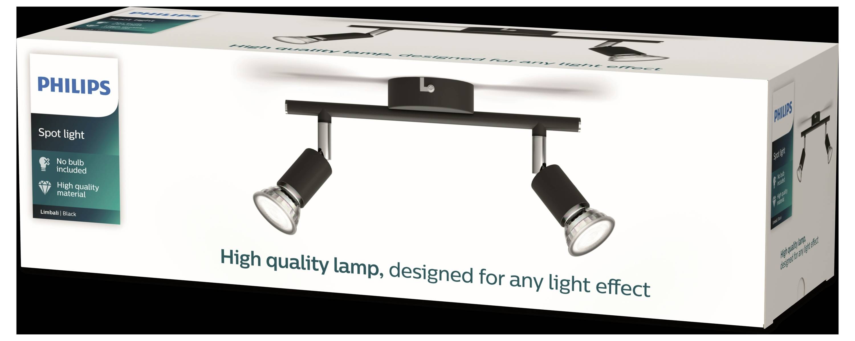 Philips' spotlight packaging with two black spot lamps. Promises high-quality lighting and versatile light effects.