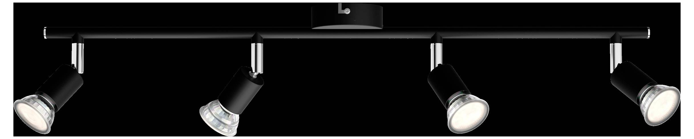 Black ceiling light with four adjustable spotlights that can be directed in different directions. Ideal for accent lighting.
