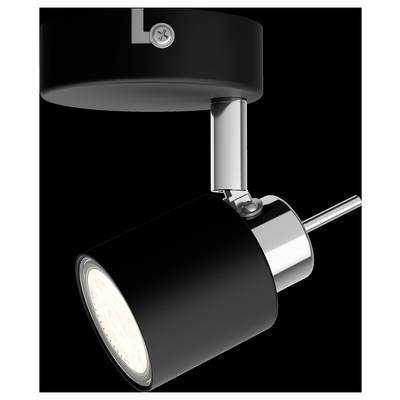 Black LED spotlight, cylindrical design, mounted on a ceiling bracket. Suitable for targeted lighting in living or work areas.
