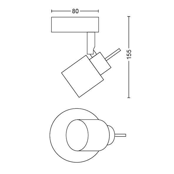Technical drawing of a wall light with dimensions of 80 mm width and 155 mm height, shown in profile and from above.