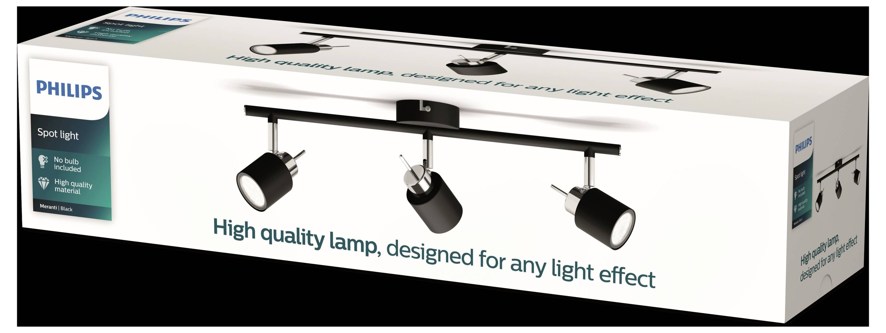 The packaging of a Philips spotlight lamp with three adjustable spots, marketed as 'High-quality lamp, suitable for every lighting effect'.