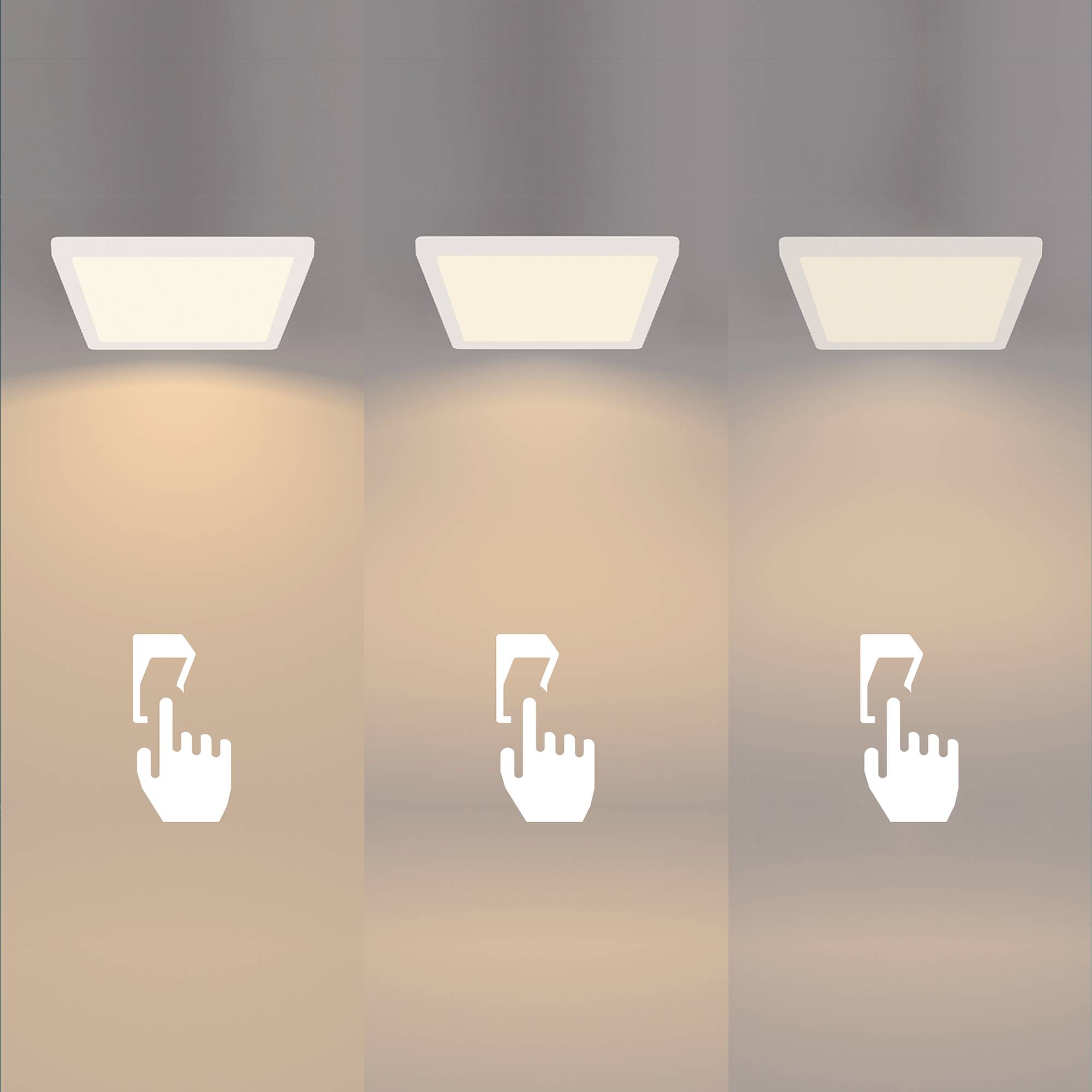 Three images of a dimmer with increasing brightness from left to right. Symbols show a hand pressing a switch.