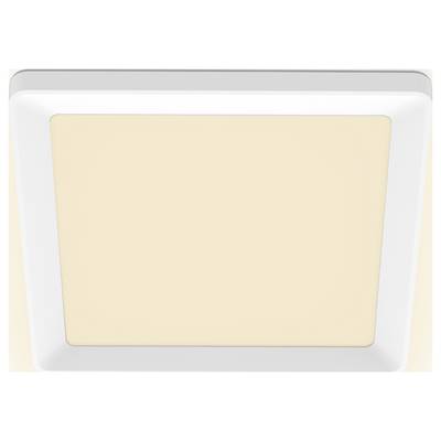 Square ceiling light with white frame and warm yellow light.