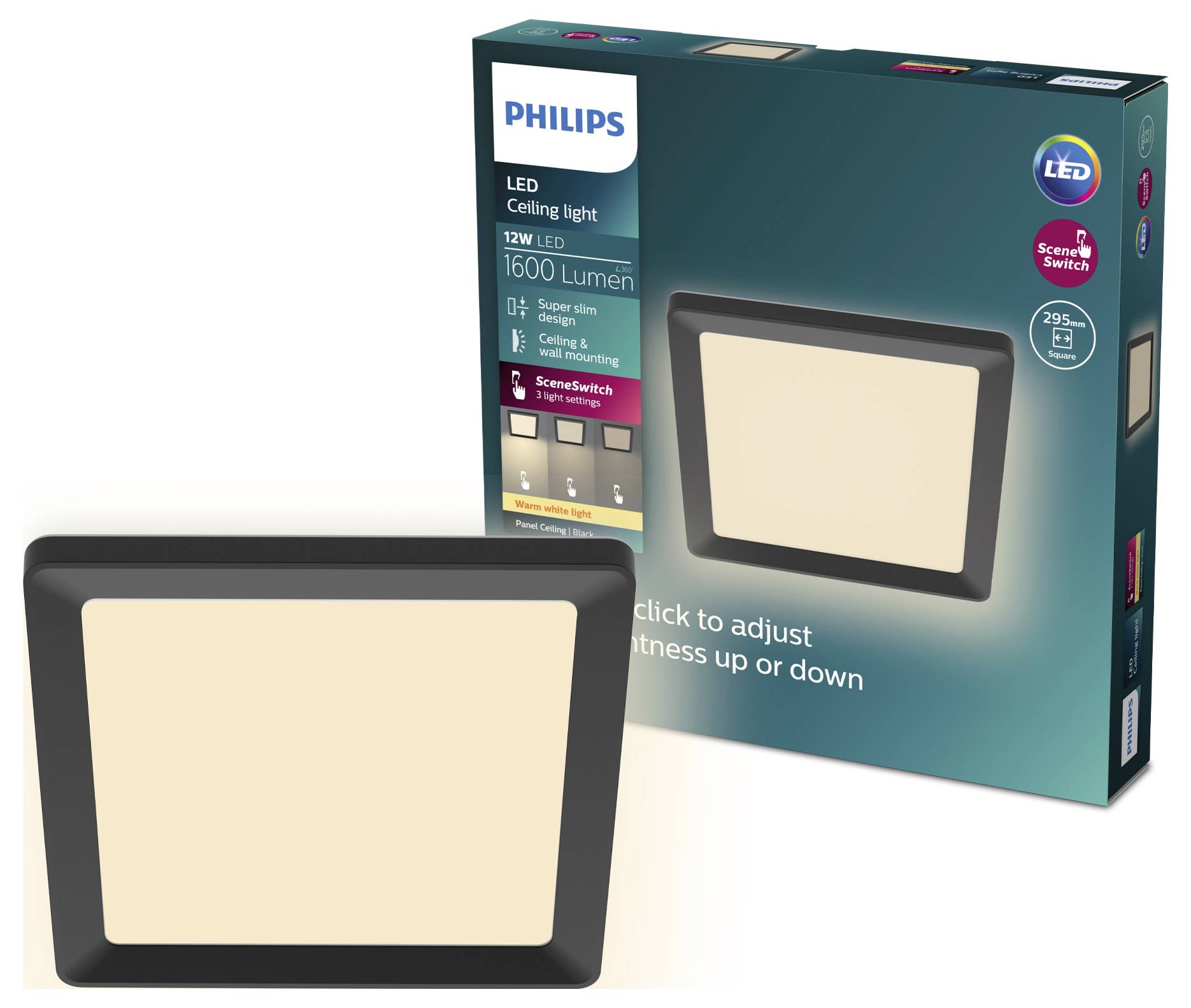Box containing 'Philips LED Ceiling Light', 1600 lumens, dimmable, 12W, colour temperature adjustable, product image on packaging.