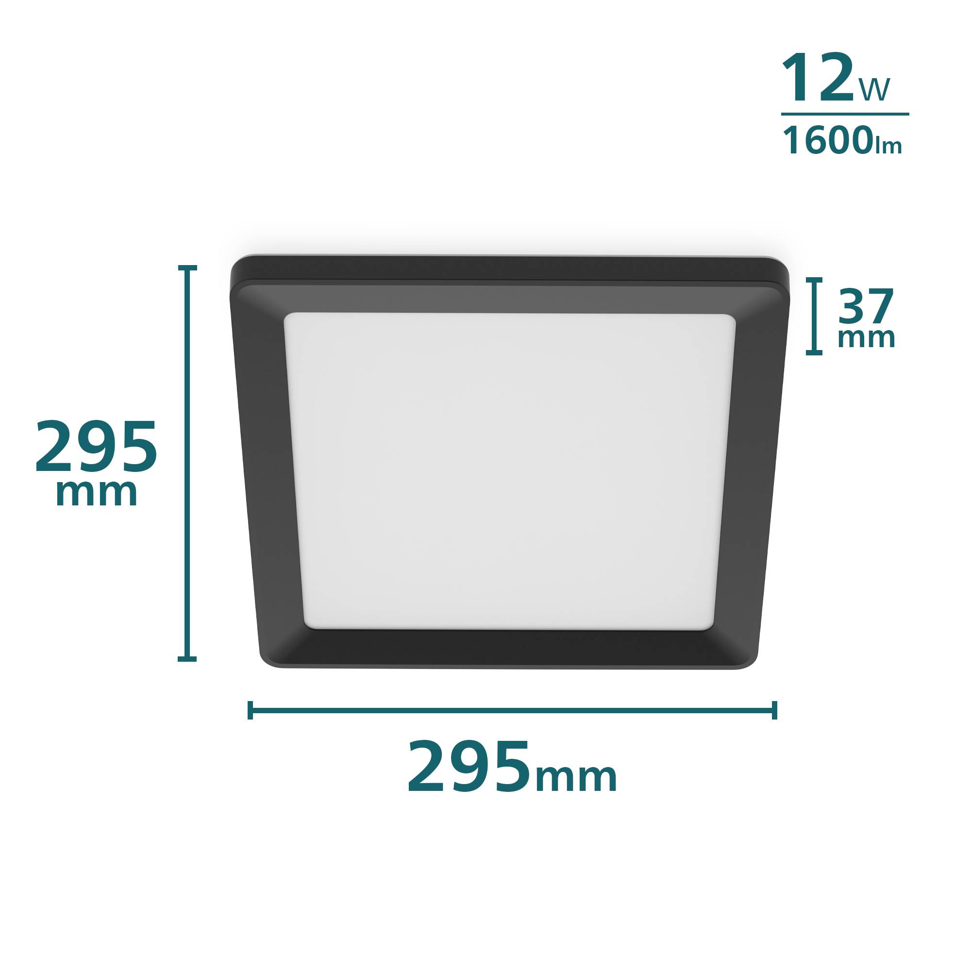 Square LED ceiling light, 295mm x 295mm, black, with 12W power, 1600 lumens brightness, 37mm thick.