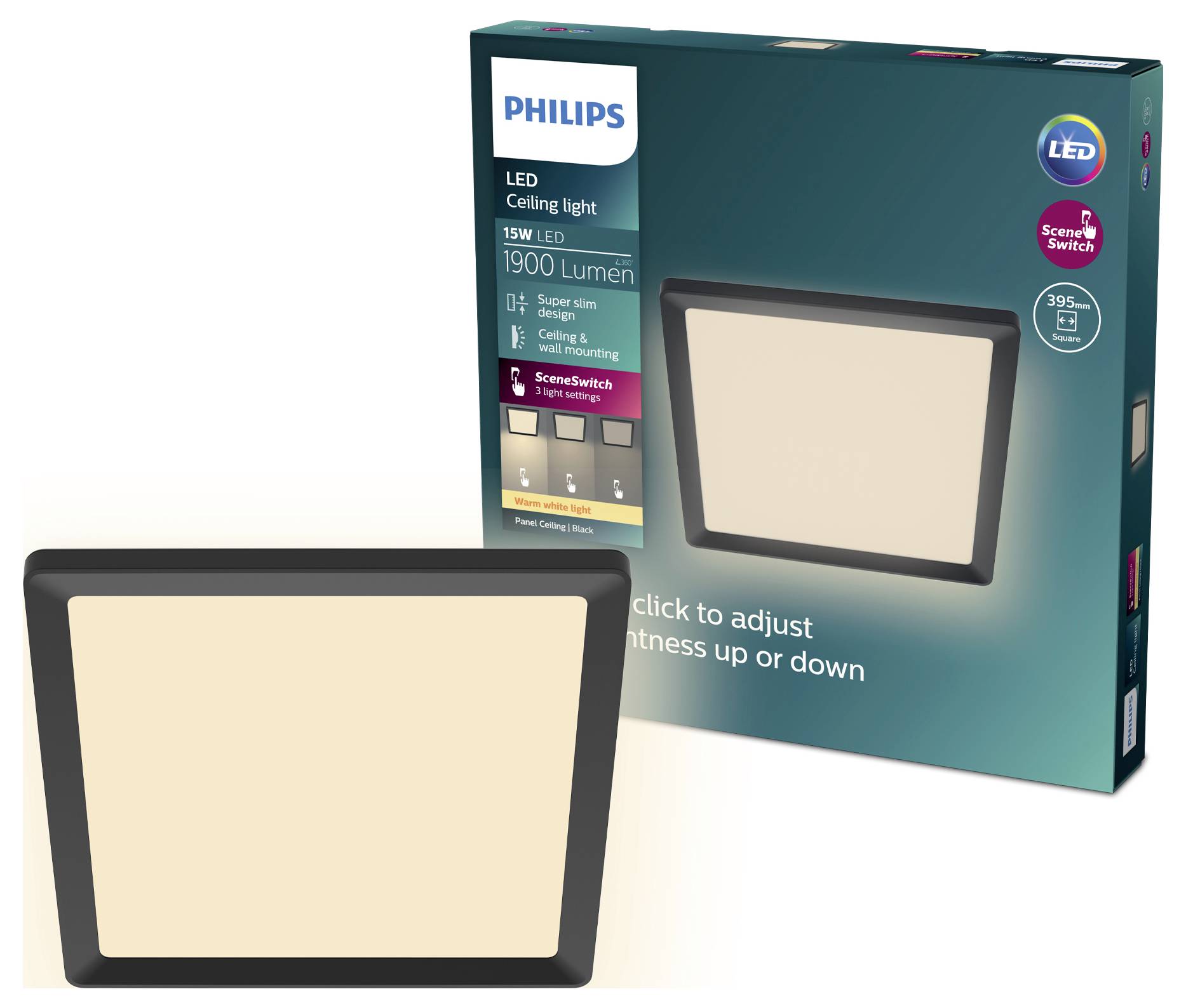 'Philips LED Ceiling Light, 15W, 1900 Lumens, Ultra-Slim Design, Dimmable, Suitable for Low Ceilings, 50,000 Hours Lifespan.'