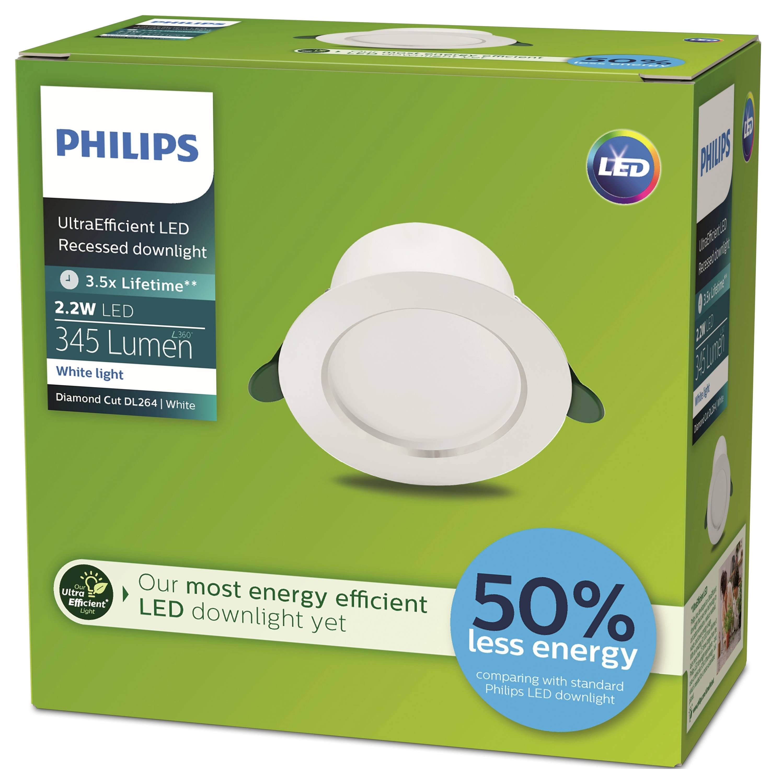 A green packaging with the text 'Philips UltraEfficient LED Recessed Downlight', 2.2W LED, 345 Lumens, 50% less energy.