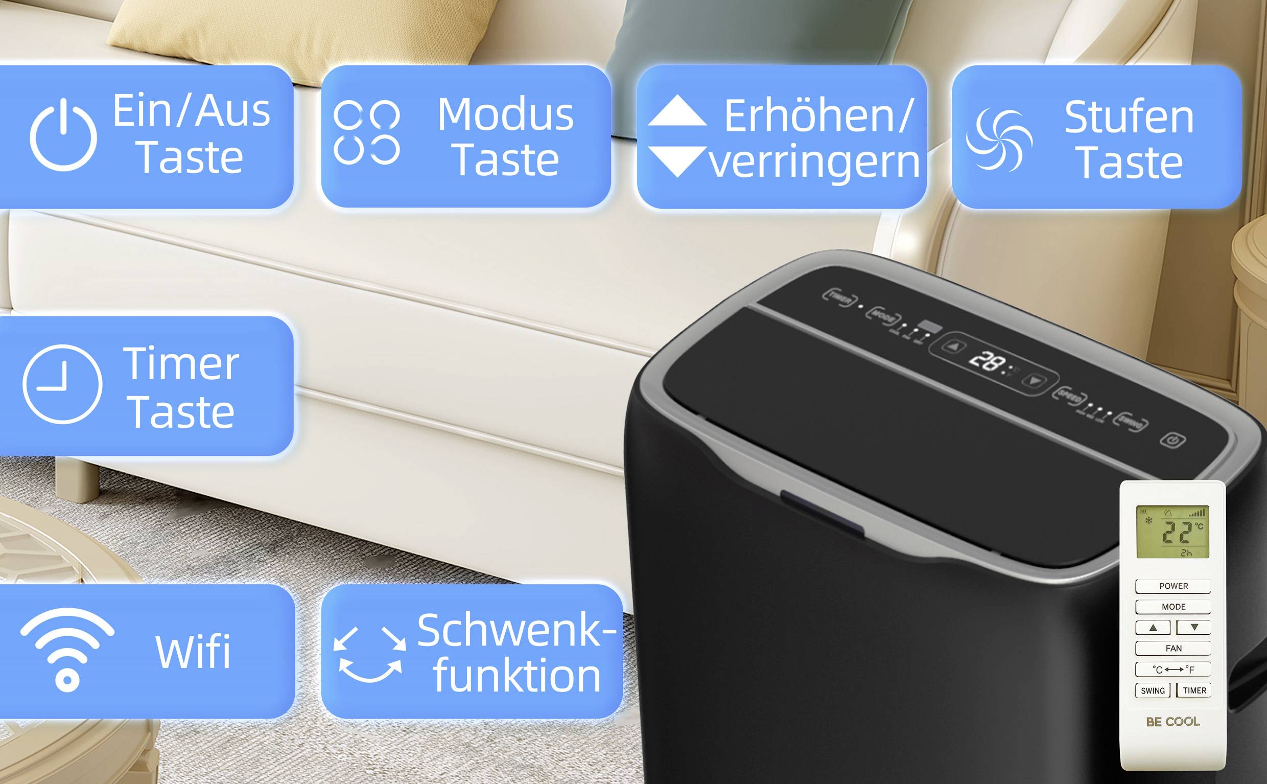 A portable air conditioning unit with control panel and remote control. Functions: On/Off, Mode, Timer, Increase/Decrease Temperature, Speeds, Wi-Fi, Oscillation.