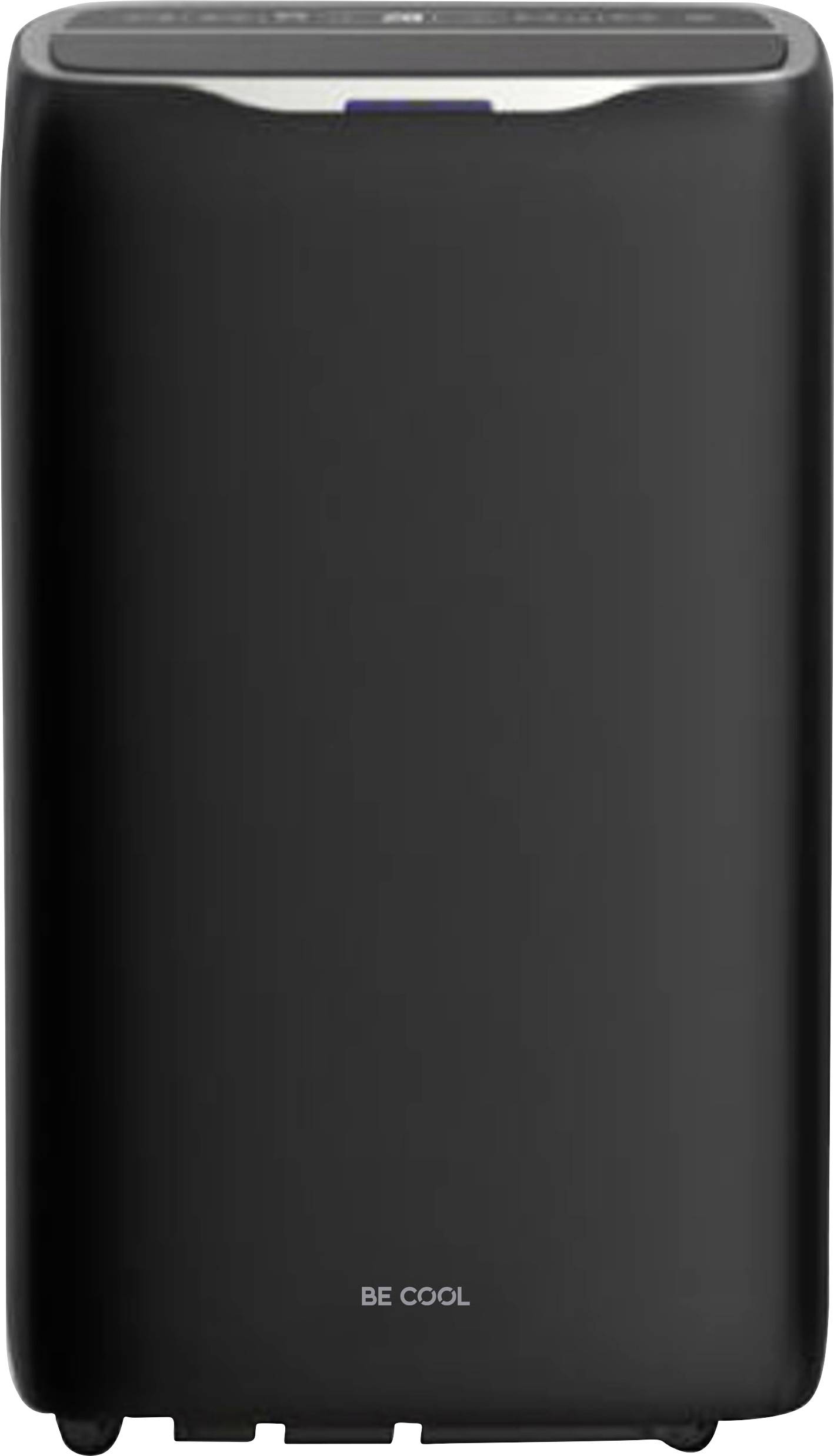Black glossy portable air cooler with 'BE COOL' written at the bottom. Top surface contains control settings.