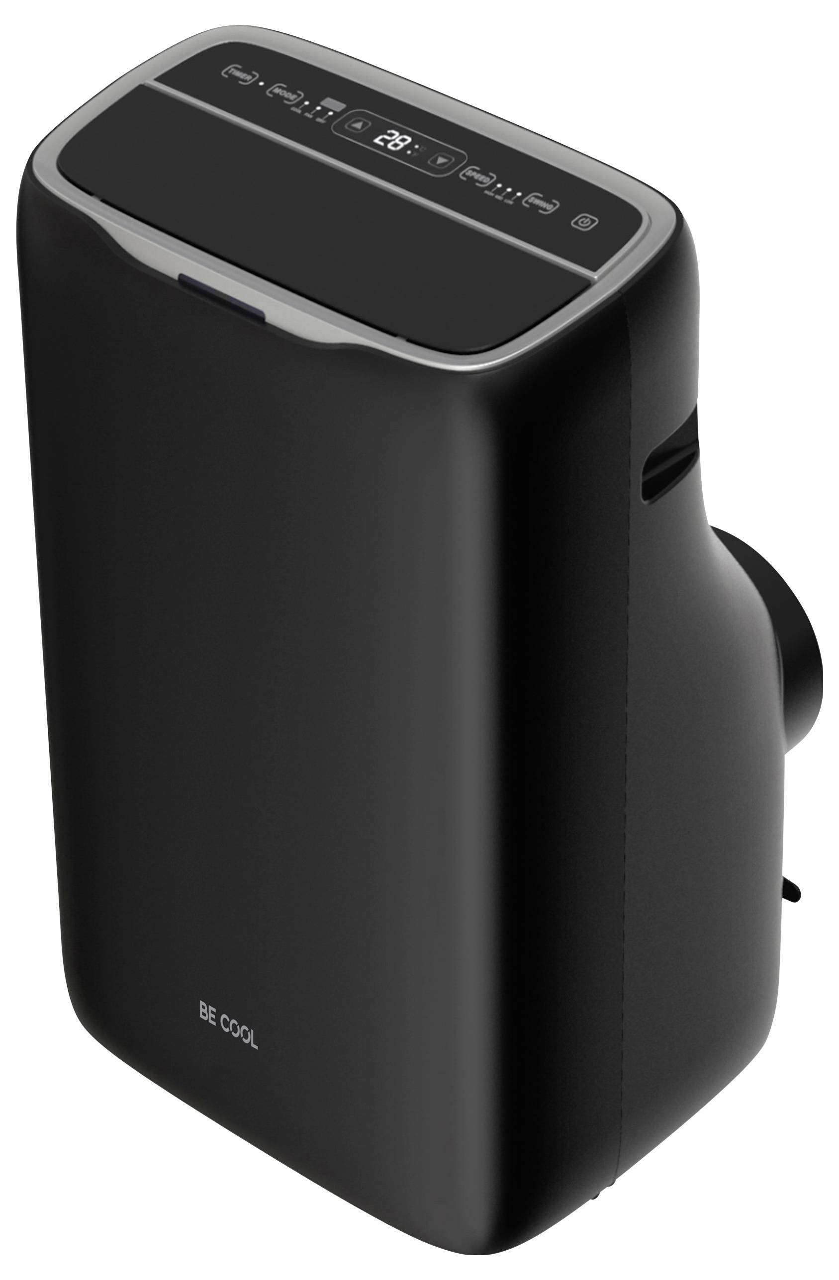 A black portable dehumidifier with LED display and controls on the top. Text 'BE COOL' on the front.