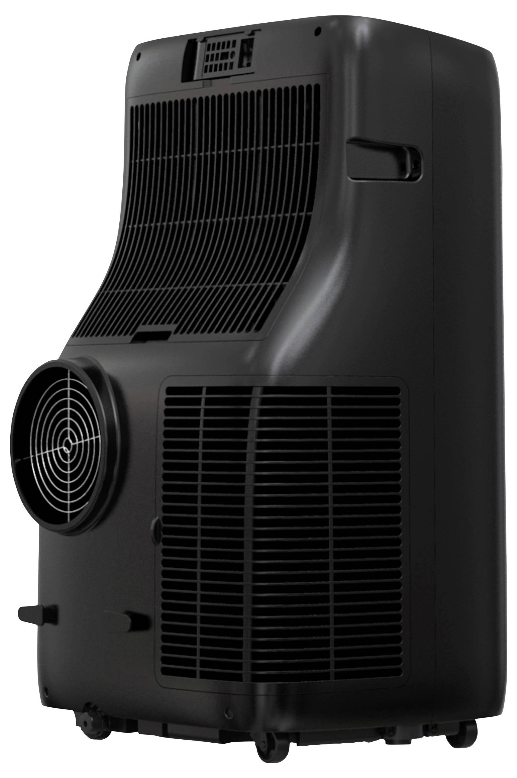 A portable air conditioning unit in black with ventilation grilles and wheels for easy mobility.