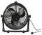 Black desk fan with round protective grilles and cable, potentially suitable for indoor use.