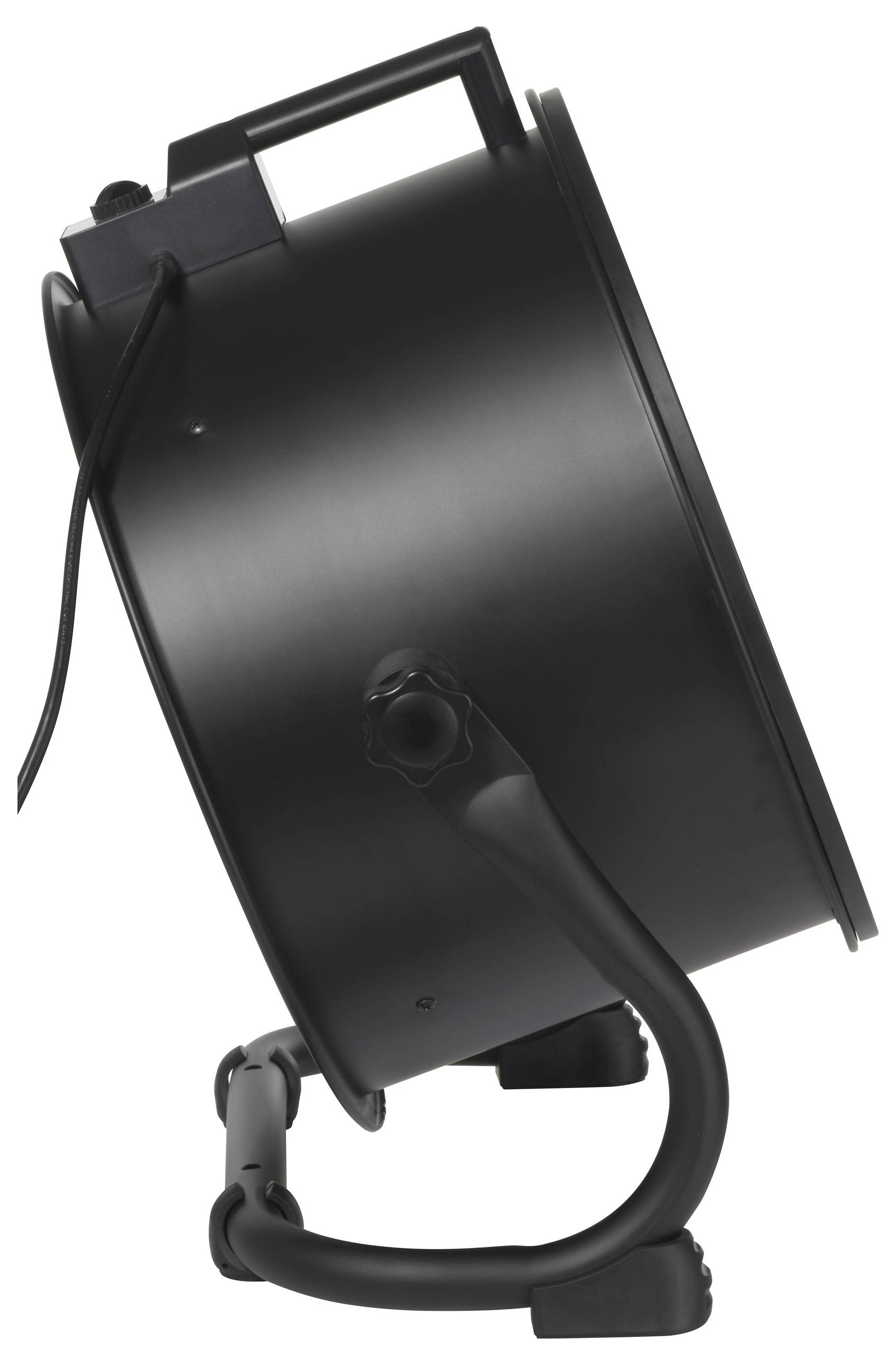 Black lacquered spotlight in side view, mounted on an adjustable stand, suitable for stage or studio lighting.