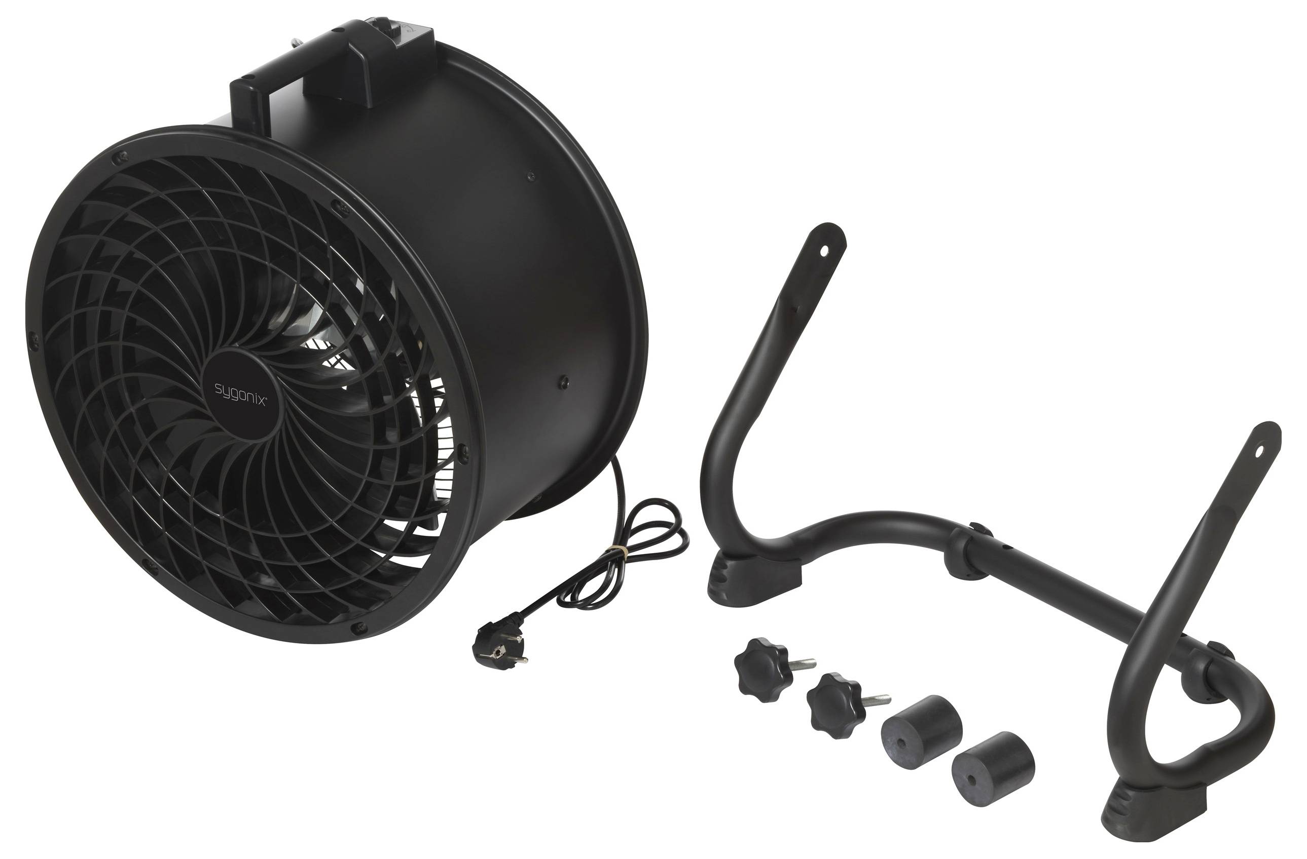 Black fan with power cable and removable stand, screws and spacers; used for ventilation or cooling.